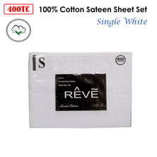 400TC Reve 100% Cotton Sateen Sheet Set White Single