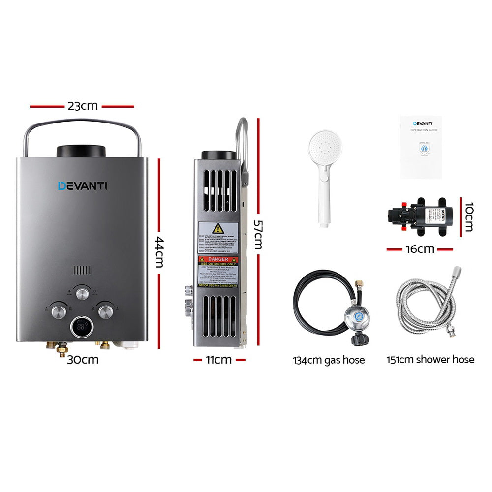 Devanti Portable Gas Water Heater 8L/Min With Pump LPG System Grey