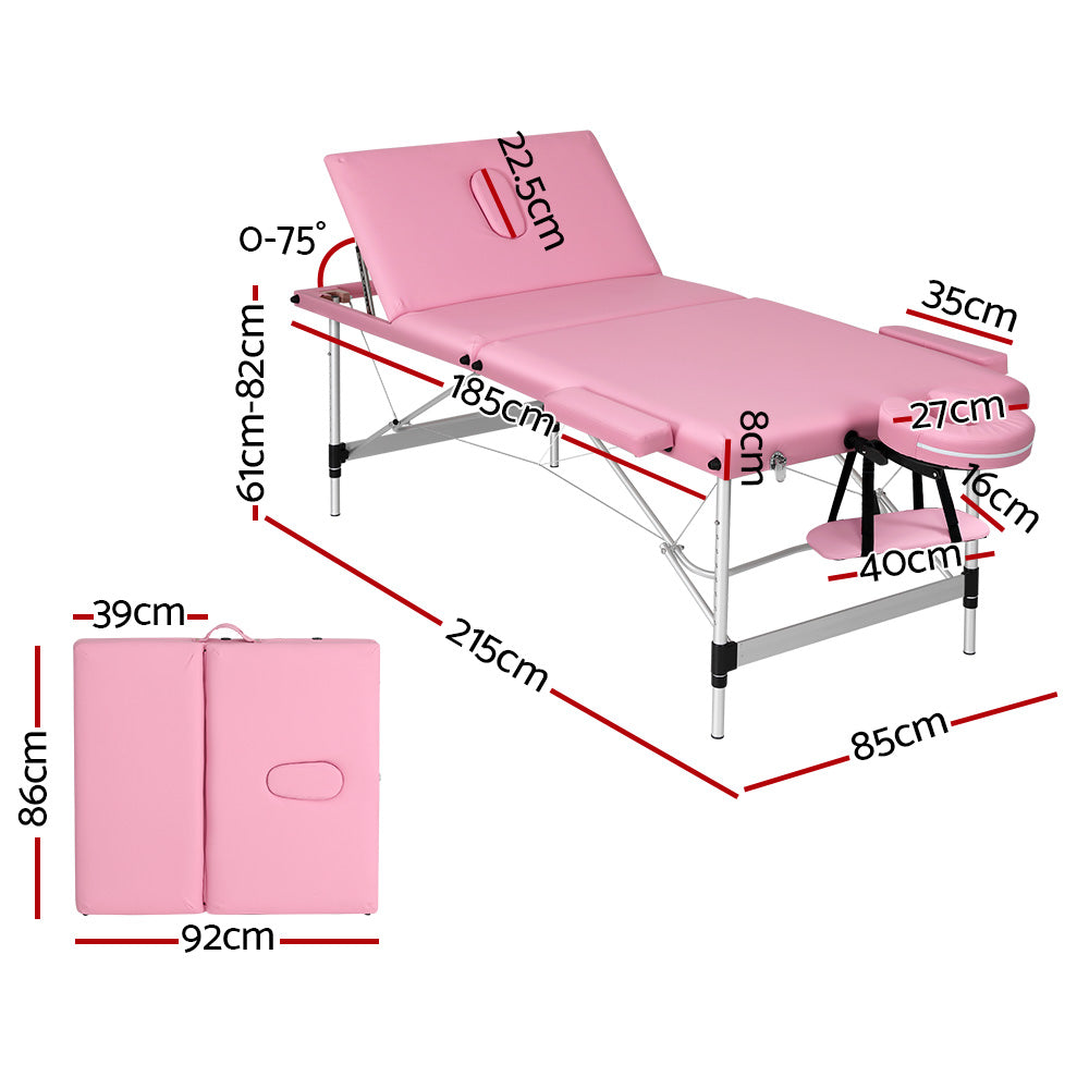 Zenses Massage Table 85cm Portable 3 Fold Aluminium Beauty Bed Pink