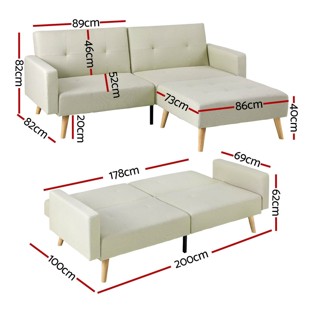 Artiss Sofa Bed Ottoman 200CM Beige Faux Linen