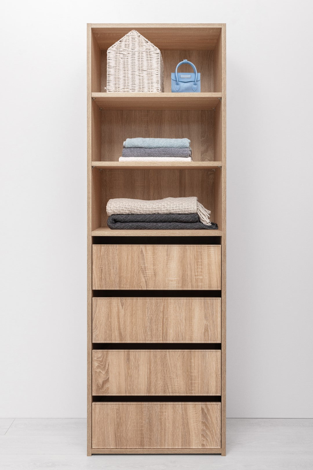 GENEVA THREE SHELF/FOUR DRAWER BUILT IN WARDROBE - SLIM SHAKER - NATURAL OAK