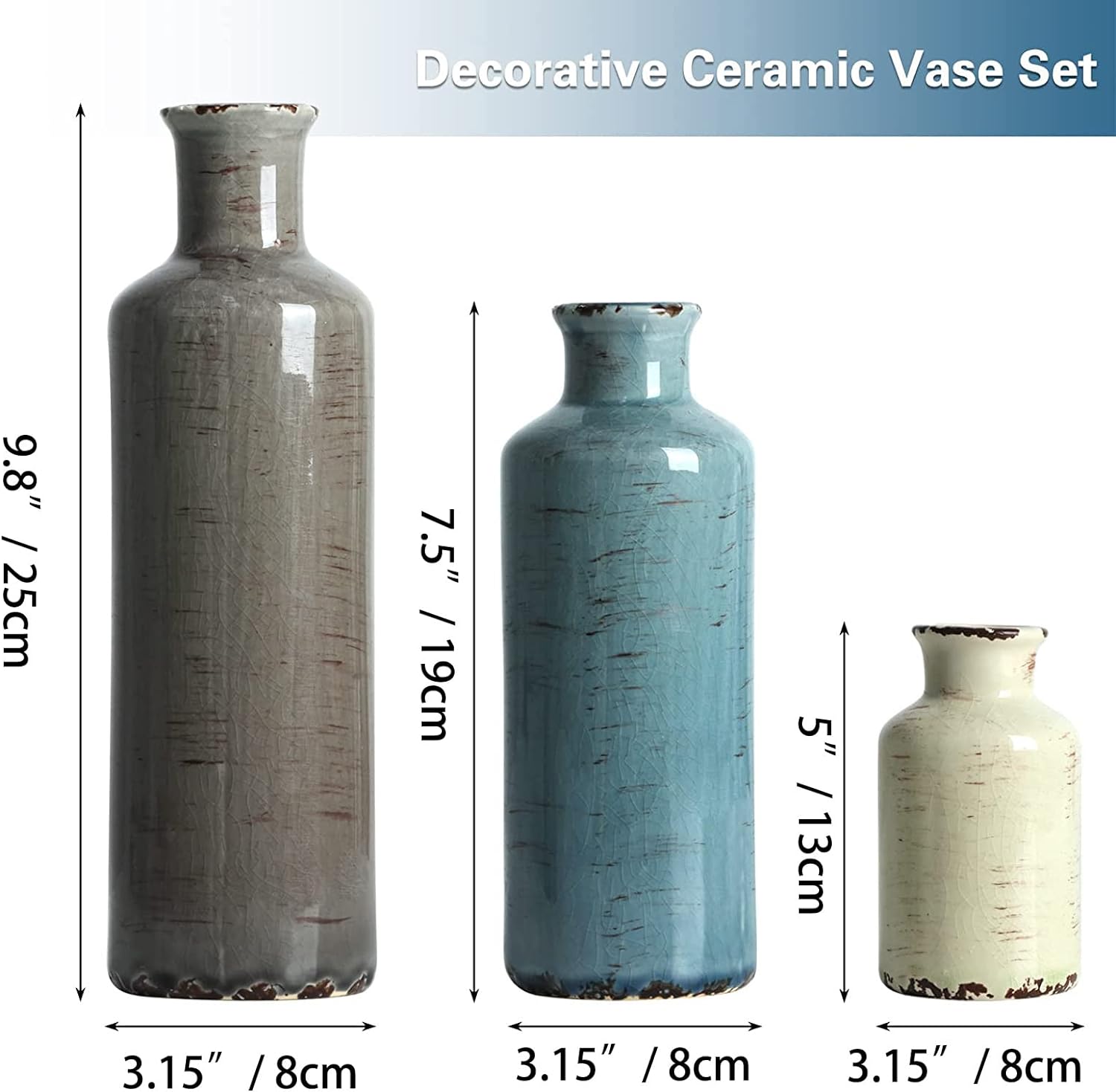 Ceramic Vases Set of 3 Crackled Finish Blue Farmhouse for Home D�cor