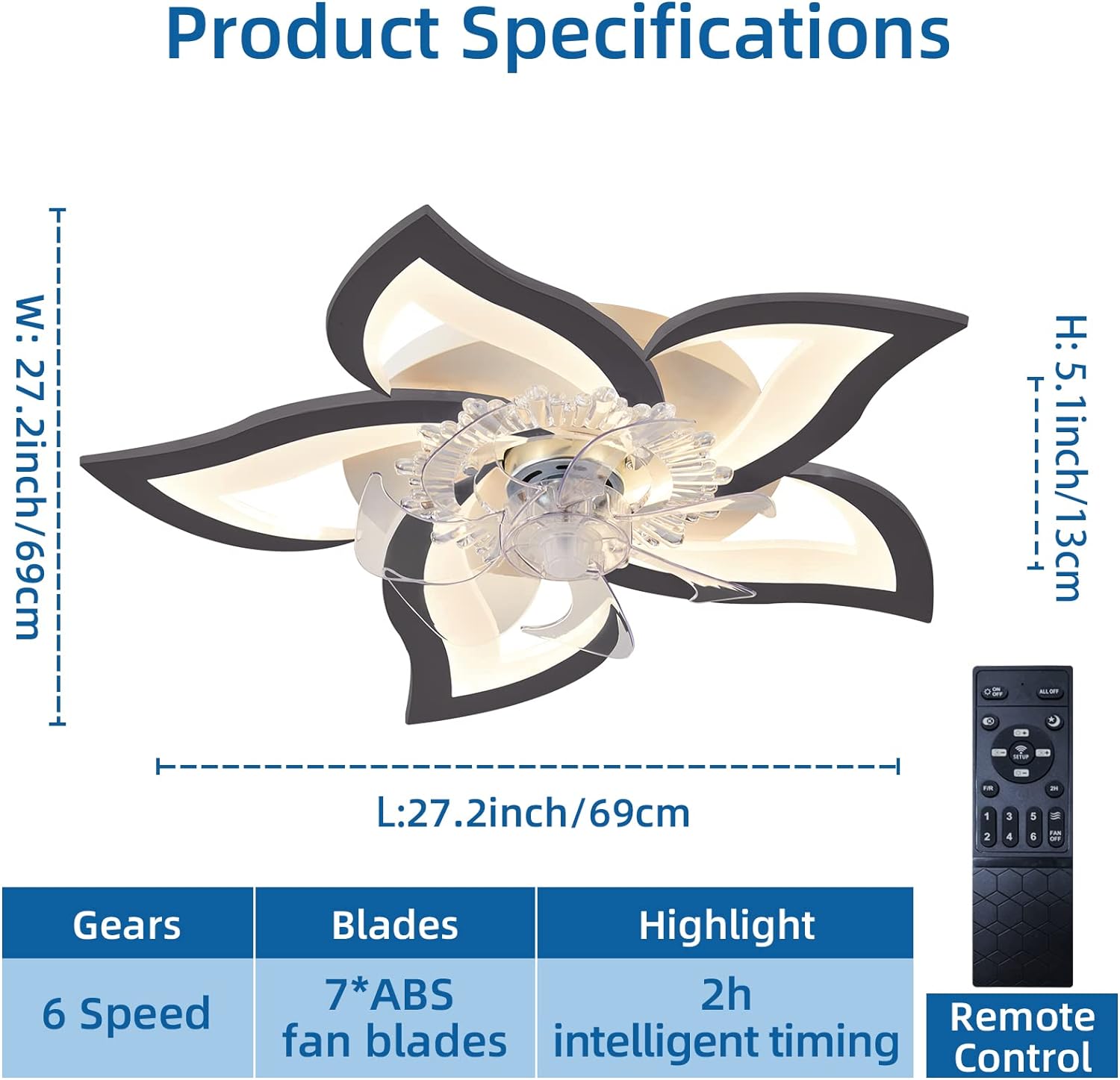 Low Ceiling Light Fan, Low Profile, 6 Wind Speed, 3 Colors (69 cm)