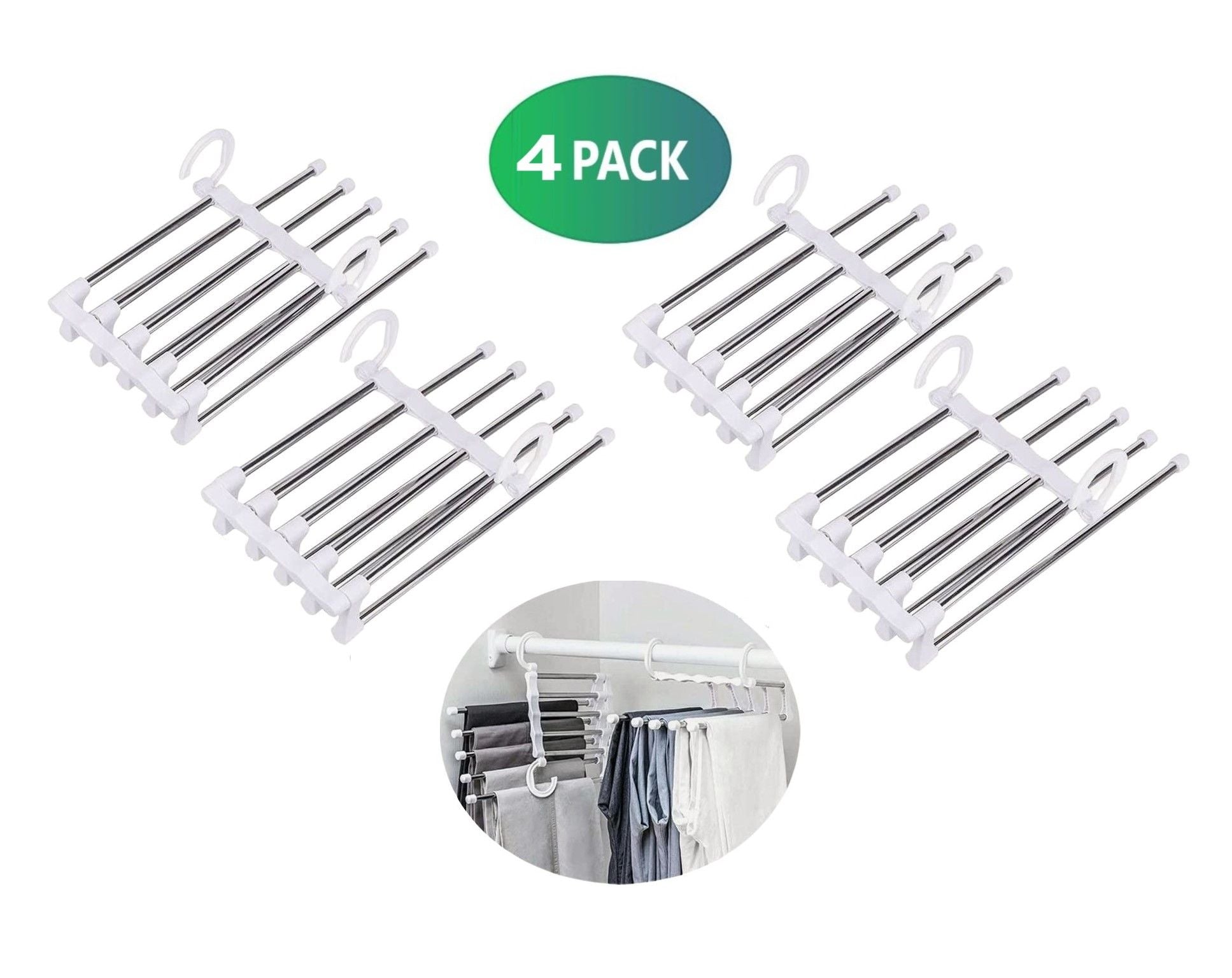 4 Pack Stainless Steel Adjustable 5 in 1 Pants Hangers Non-Slip Space Saving for Home Storage