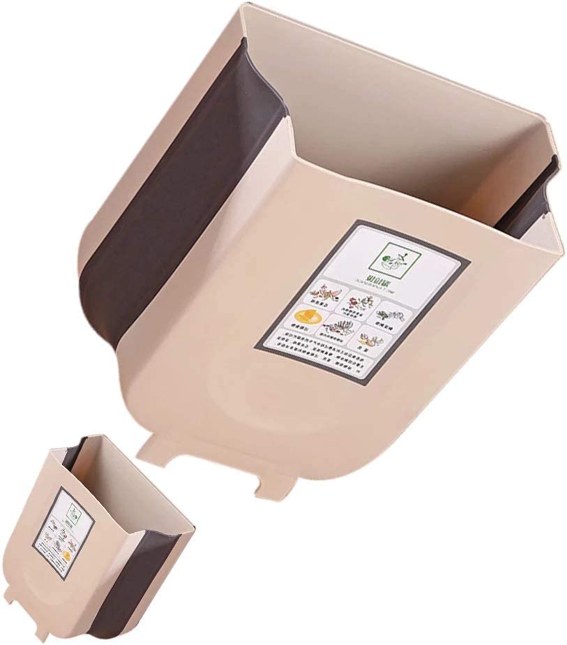 Hanging Trash Can Collapsible Small Garbage Waste Bin for Kitchen Cabinet Door (Beige)