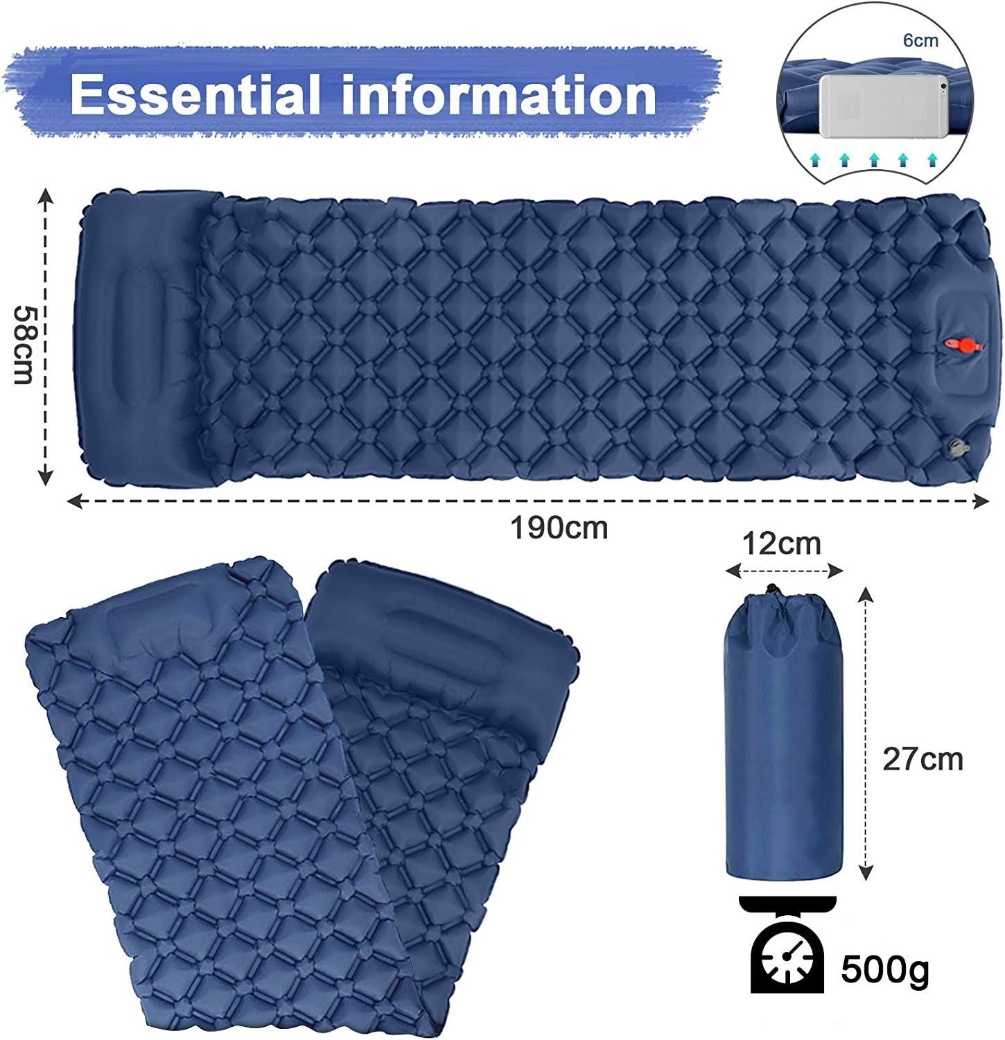 Ultralight Inflatable Camping Sleeping Pad with Pillow for Travelling and Hiking