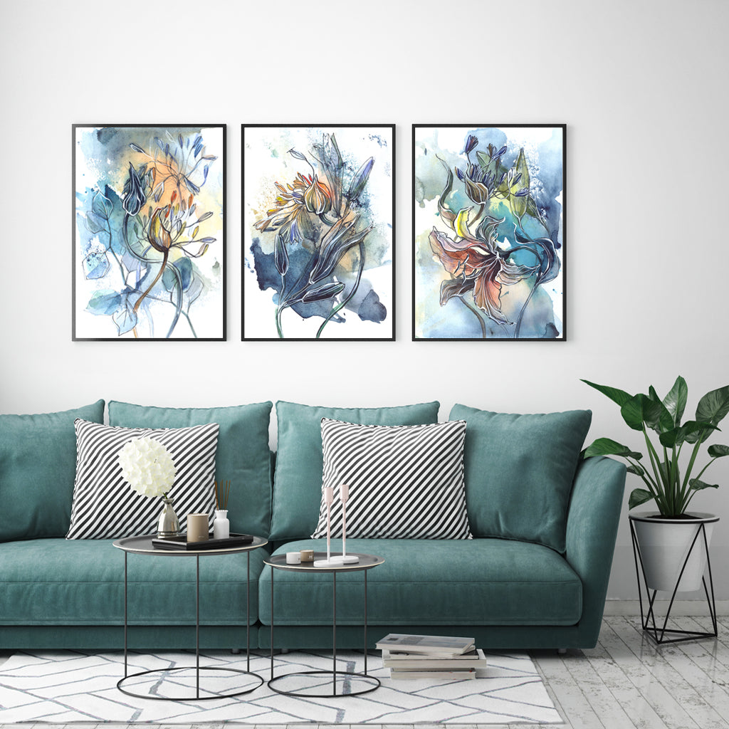 Wall Art 40cmx60cm Watercolor Style Abstract Flower 3 Sets Black Frame Canvas