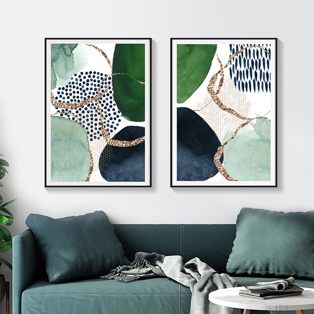 Wall Art 60cmx90cm Abstract Green and Navy 2 Sets Black Frame Canvas