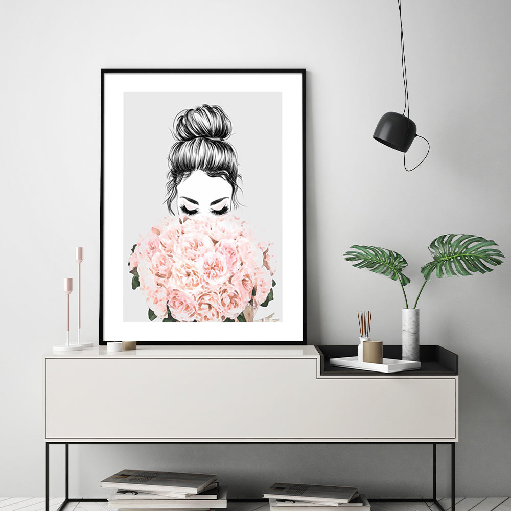 Wall Art 80cmx120cm Roses Girl Black Frame Canvas