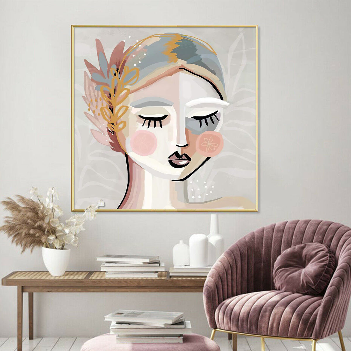 Wall Art 40cmx40cm Calm Girl Gold Frame Canvas