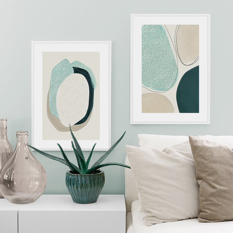 Wall Art 70cmx100cm Abstract Green Circle 2 Sets White Frame Canvas