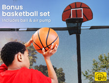 UP-SHOT 14ft Round Kids Trampoline with Curved Pole Design, Basketball Set and Sprinkler Accessory, Black and Orange