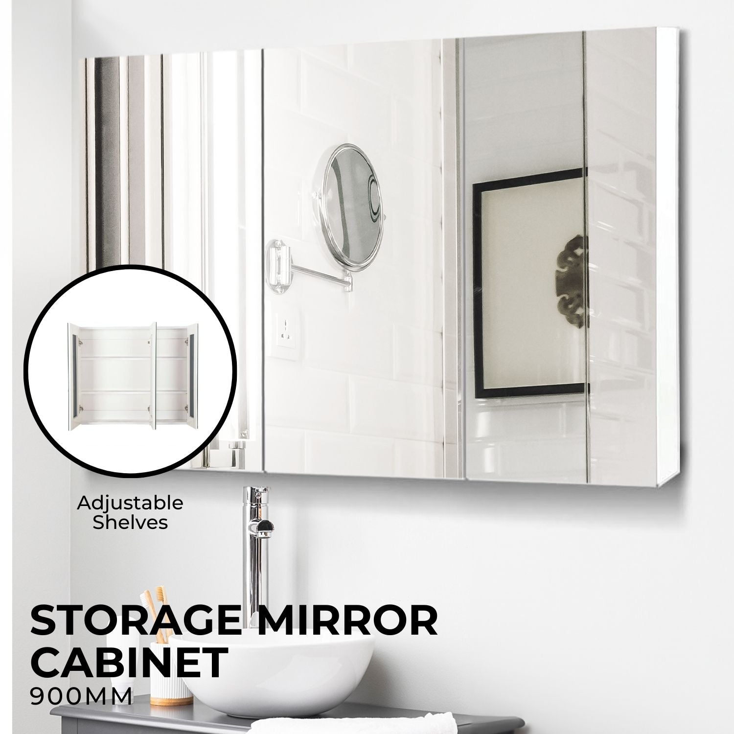 EKKIO Bathroom Vanity Mirror with Triple Door Storage Cabinet (White) EK-VMS-101-LR