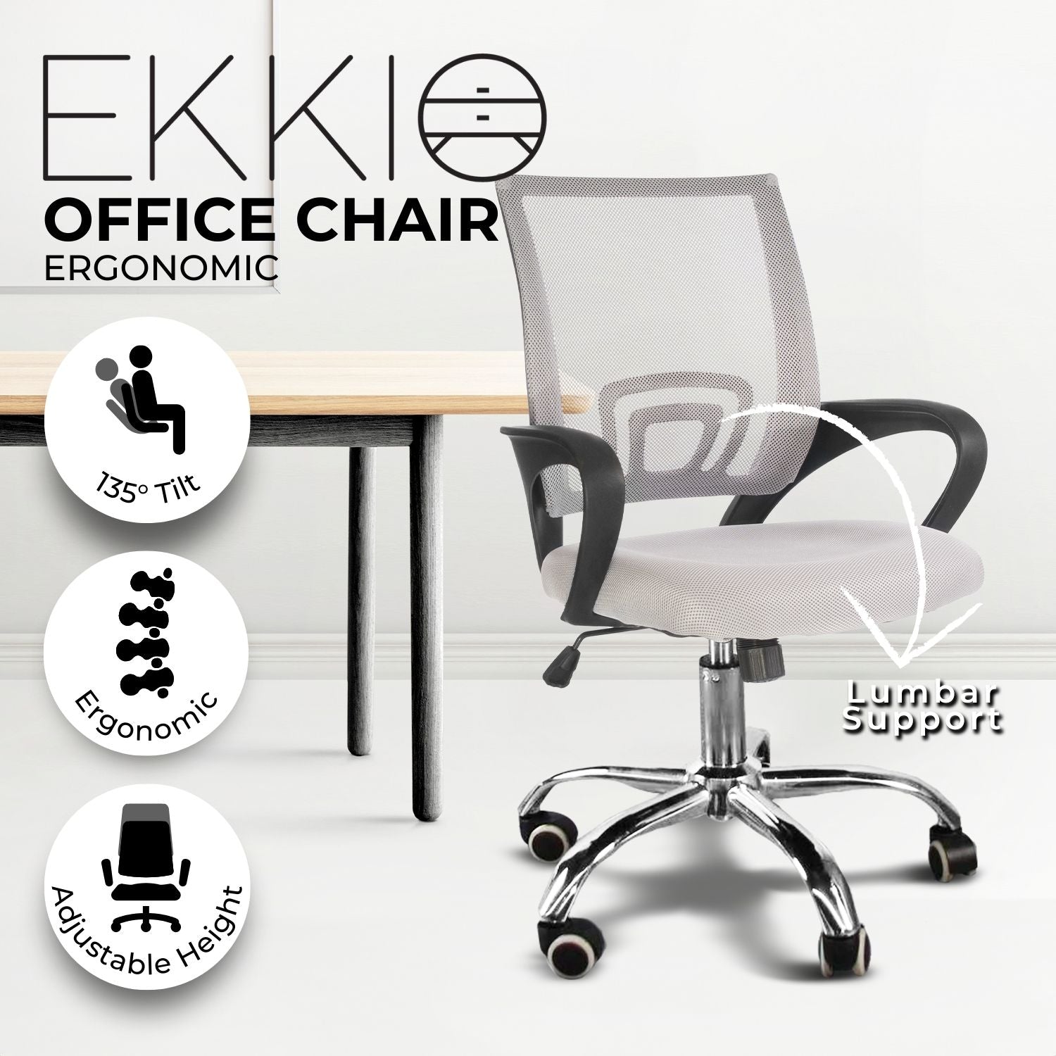 EKKIO Ergonomic Office Chair with Breathable Mesh Design and Lumbar Back Support (Grey) EK-OC-105-JF