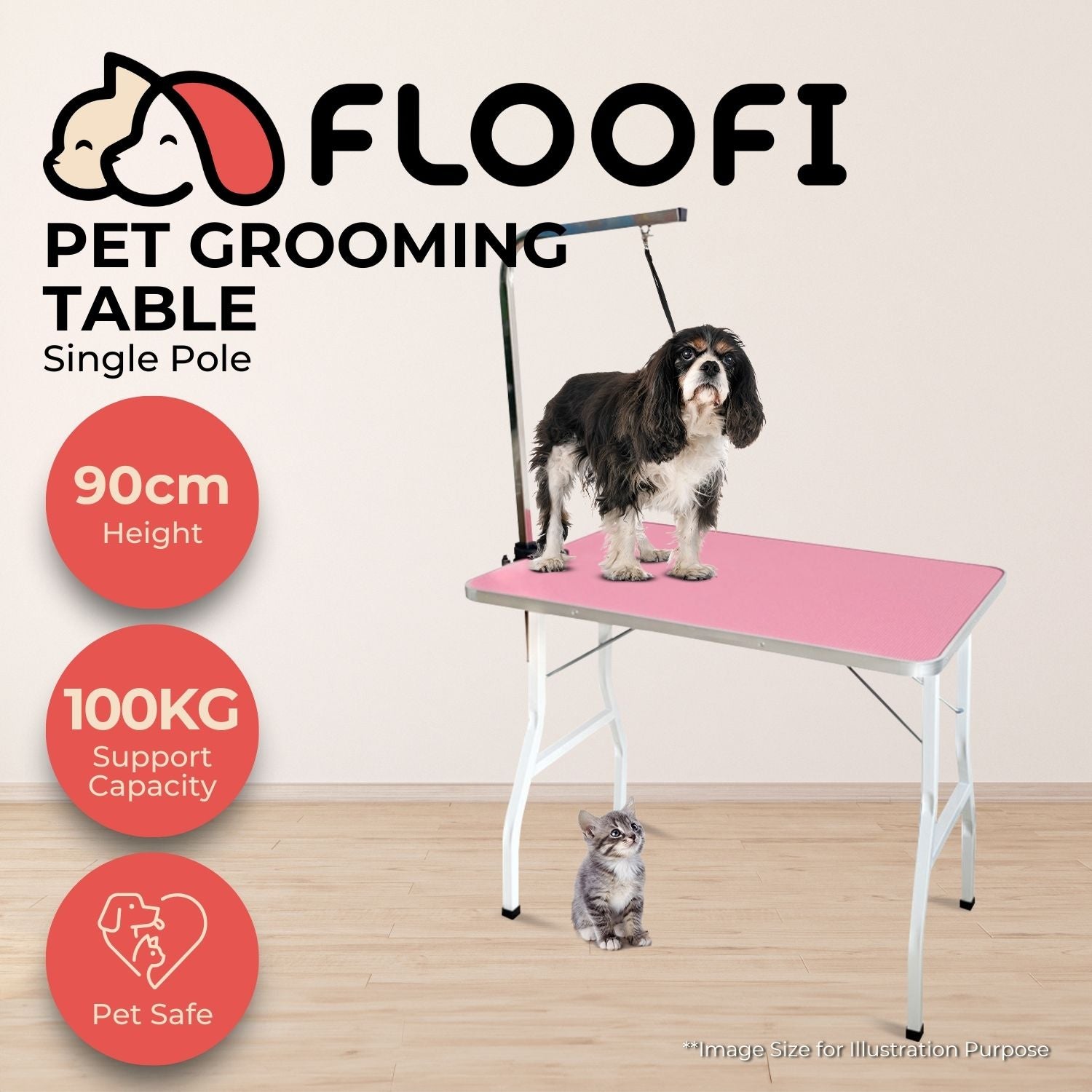 Floofi Pet Grooming Table 90cm Single Pole (Pink) FI-GT-101-LZ