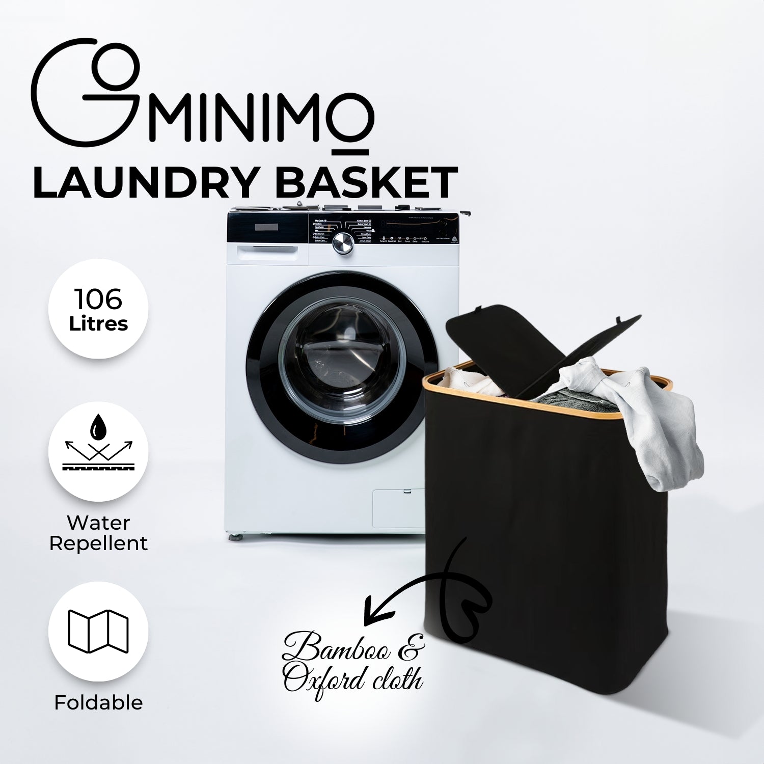 GOMINIMO Folding Bamboo & Canvas Laundry Hamper with Double Lid(Black)GO-LB-117-SJ