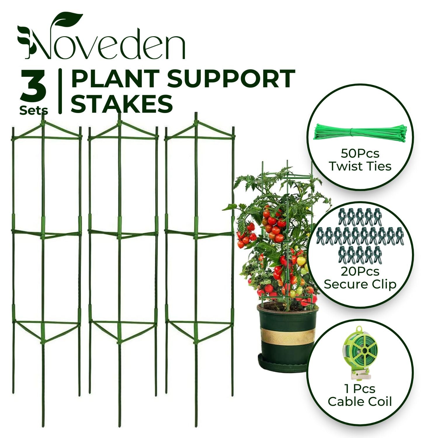 NOVEDEN 3 Sets Tomato Supports Cages with 20 Clips , 50 Twist Tie and 30meters Rope (Green)