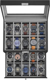 SONGMICS 20-Slot Watch Box with Glass Lid 2 Layers Black Synthetic Leather Gray Lining JWB006V1