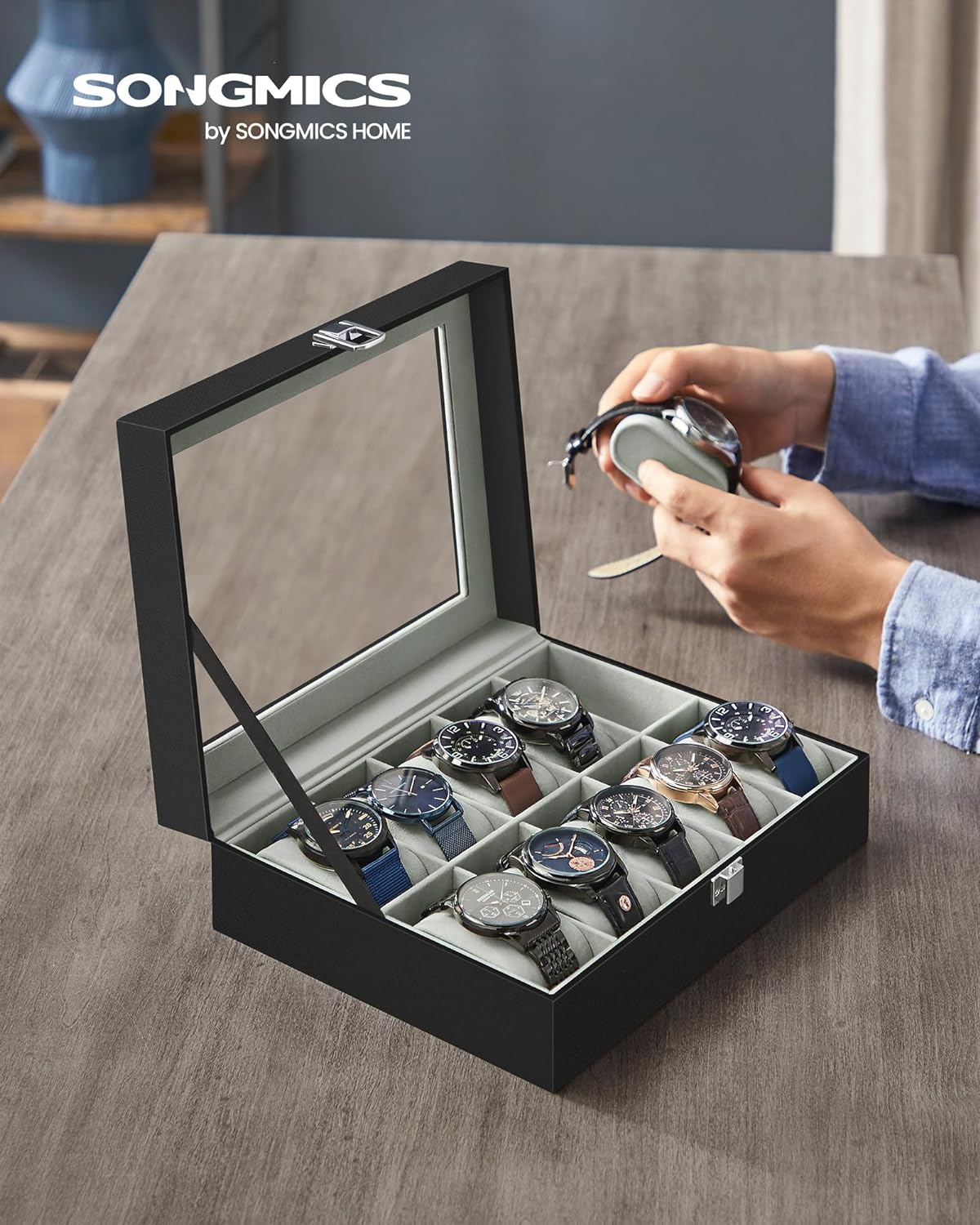 SONGMICS Watch Box for 10 Watches with Glass Lid and Removable Watch Pillows Black Synthetic Leather Grey Lining JWB010BK