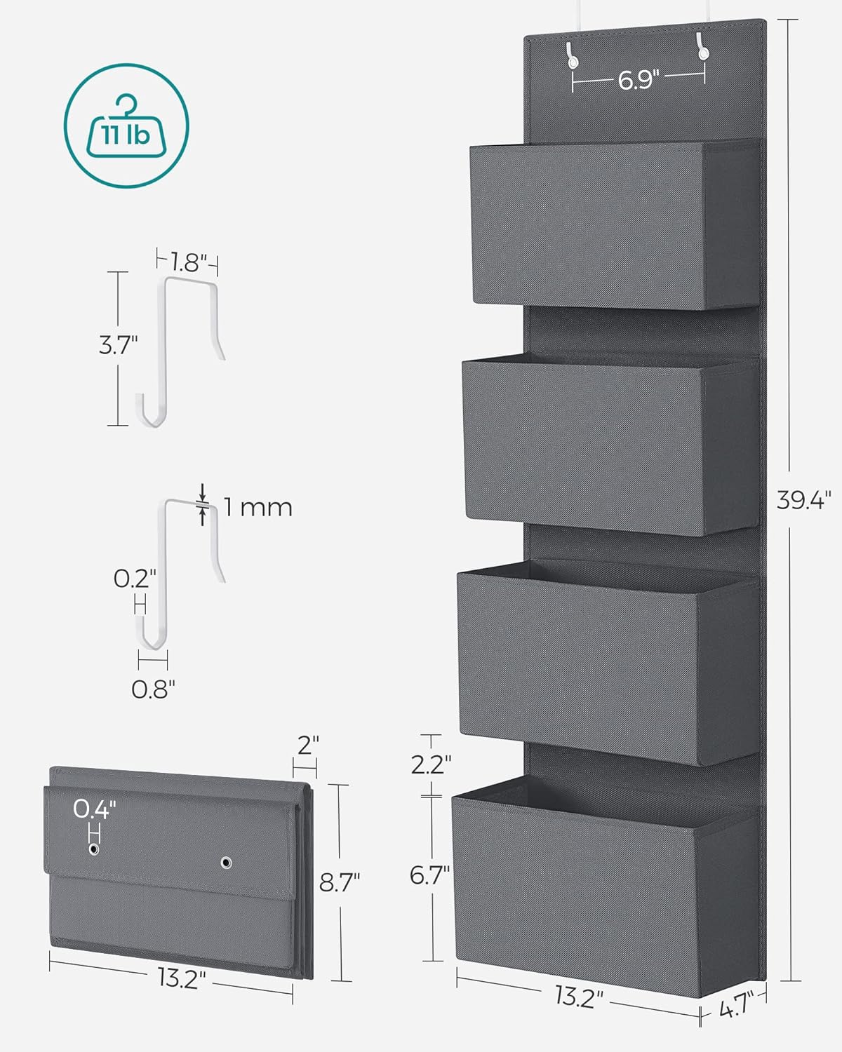 SONGMICS Hanging Closet Organizers and Storage with 4 Compartments Gray RDH04G