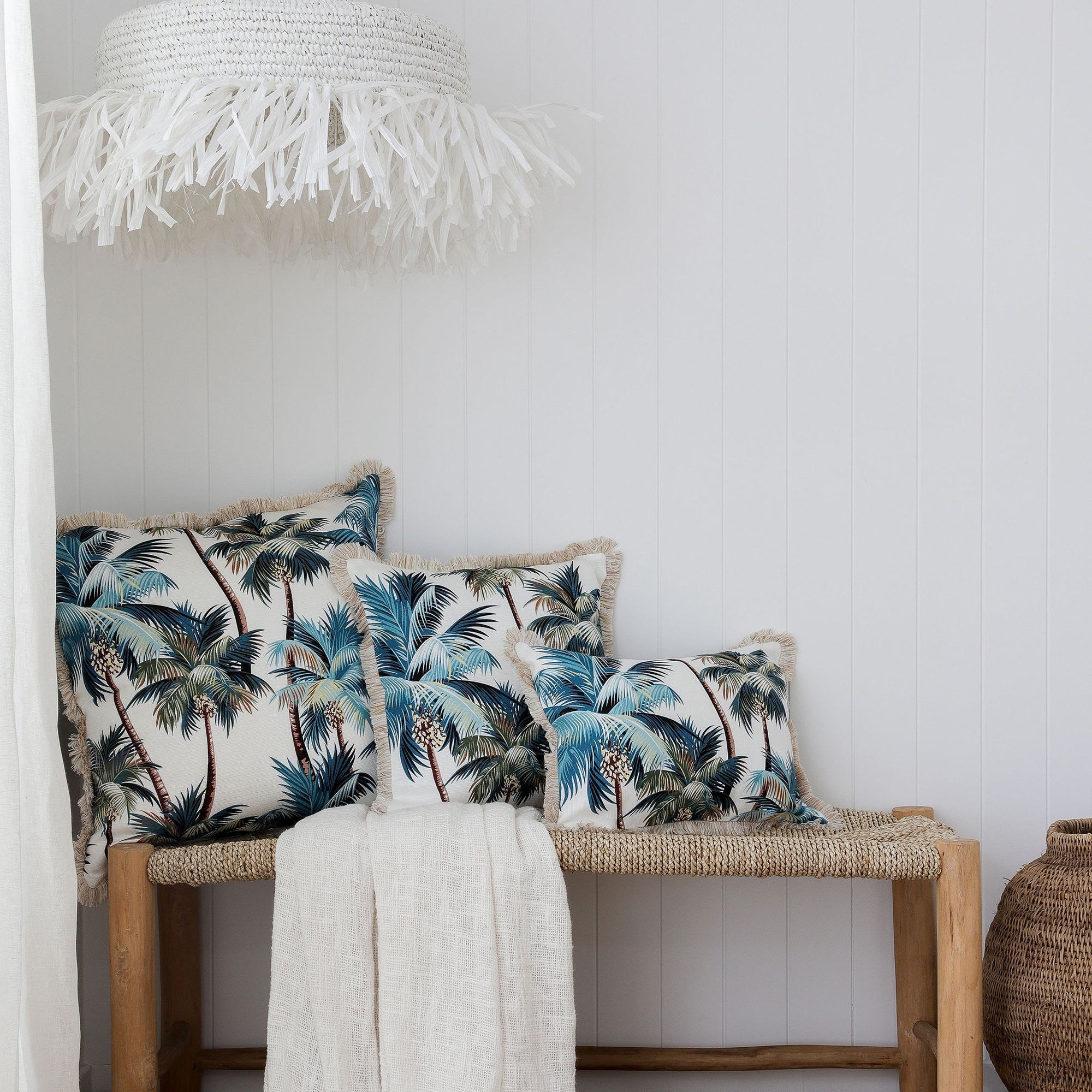 Cushion Cover-Coastal Fringe Natural-Palm Trees White-35cm x 50cm