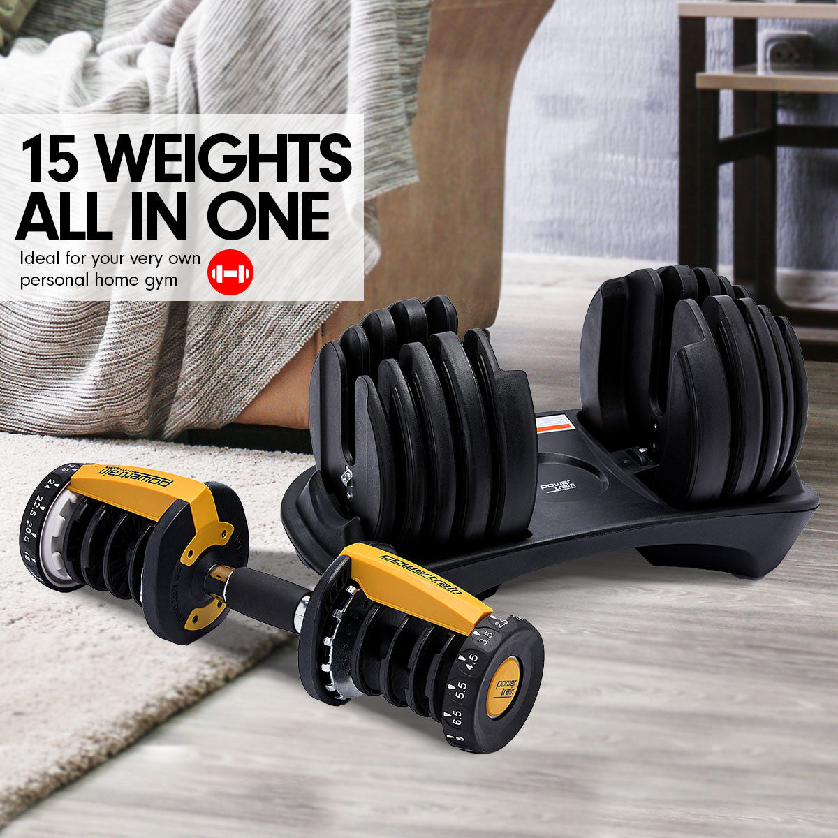 Powertrain 1x 24KG  Adjustable Home Gym Dumbbell - Gold