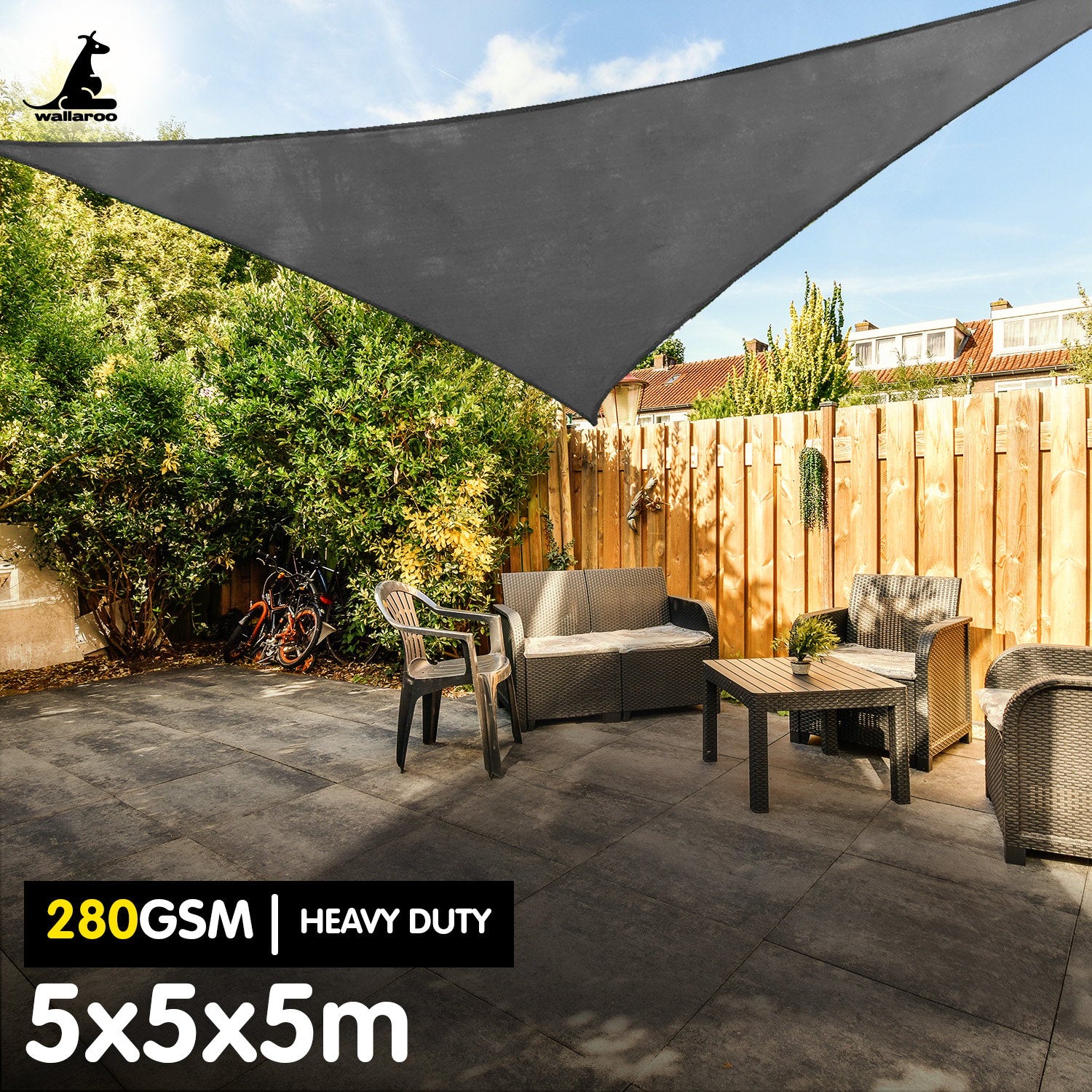 Wallaroo 280gsm Outdoor Sun Shade Sail Canopy Grey - 5m X 5m X 5m