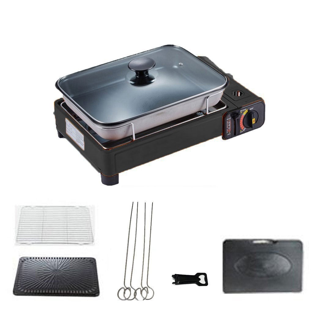 Portable Gas Stove Burner Butane BBQ Camping Gas Cooker With Non Stick Plate Black without Fish Pan and Lid