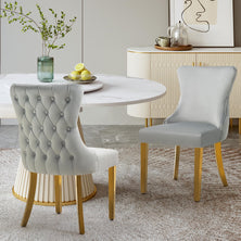 Set of 2 - Paris Light Grey Velvet  & Gold Polished Steel Upholstered Dining Chairs Tufted Back