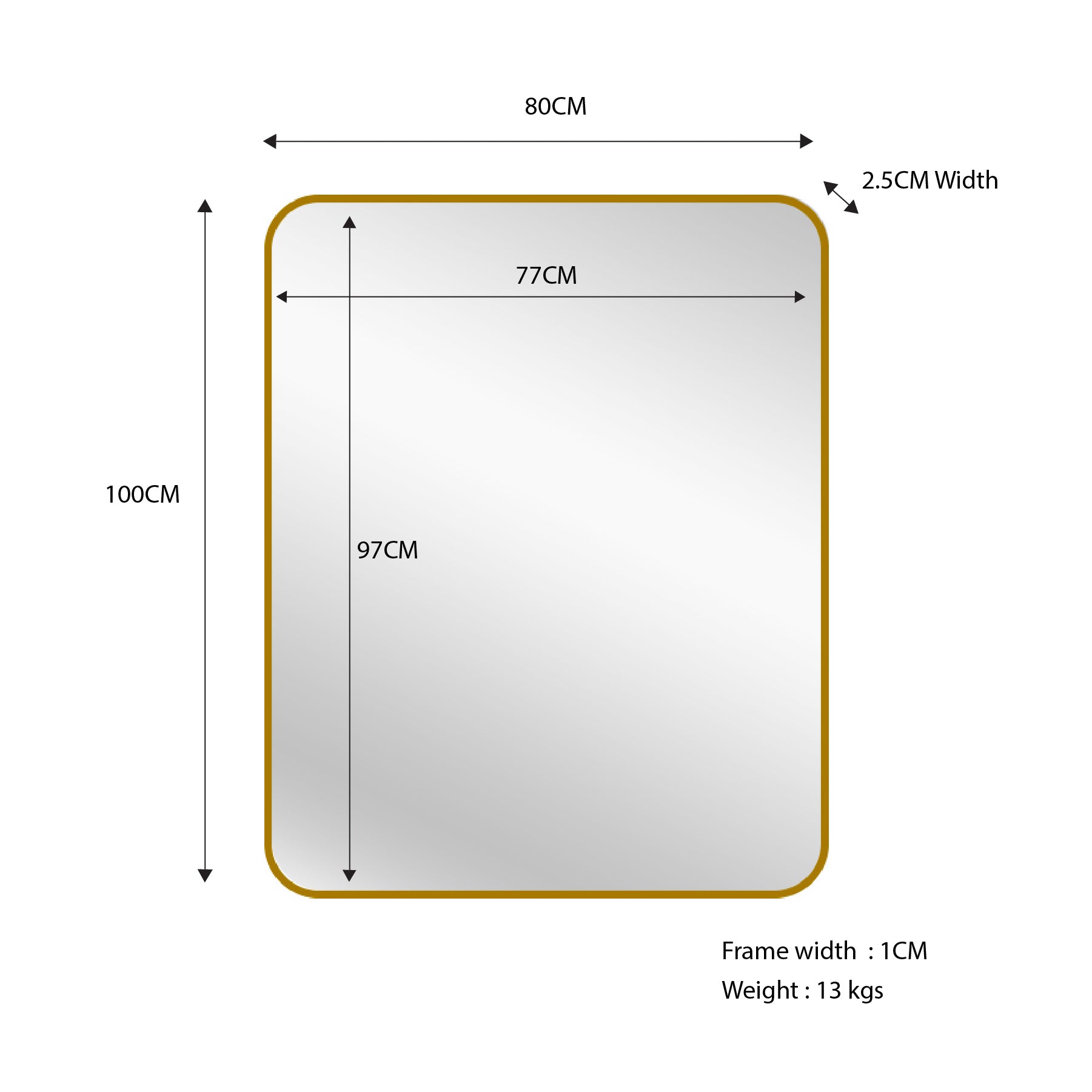 Gold Metal Rectangle Mirror - Small 80cm x 100cm