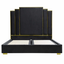 ALPHA QUEEN Black Velvet Gas Lift Storage Bedframe Golden Frame