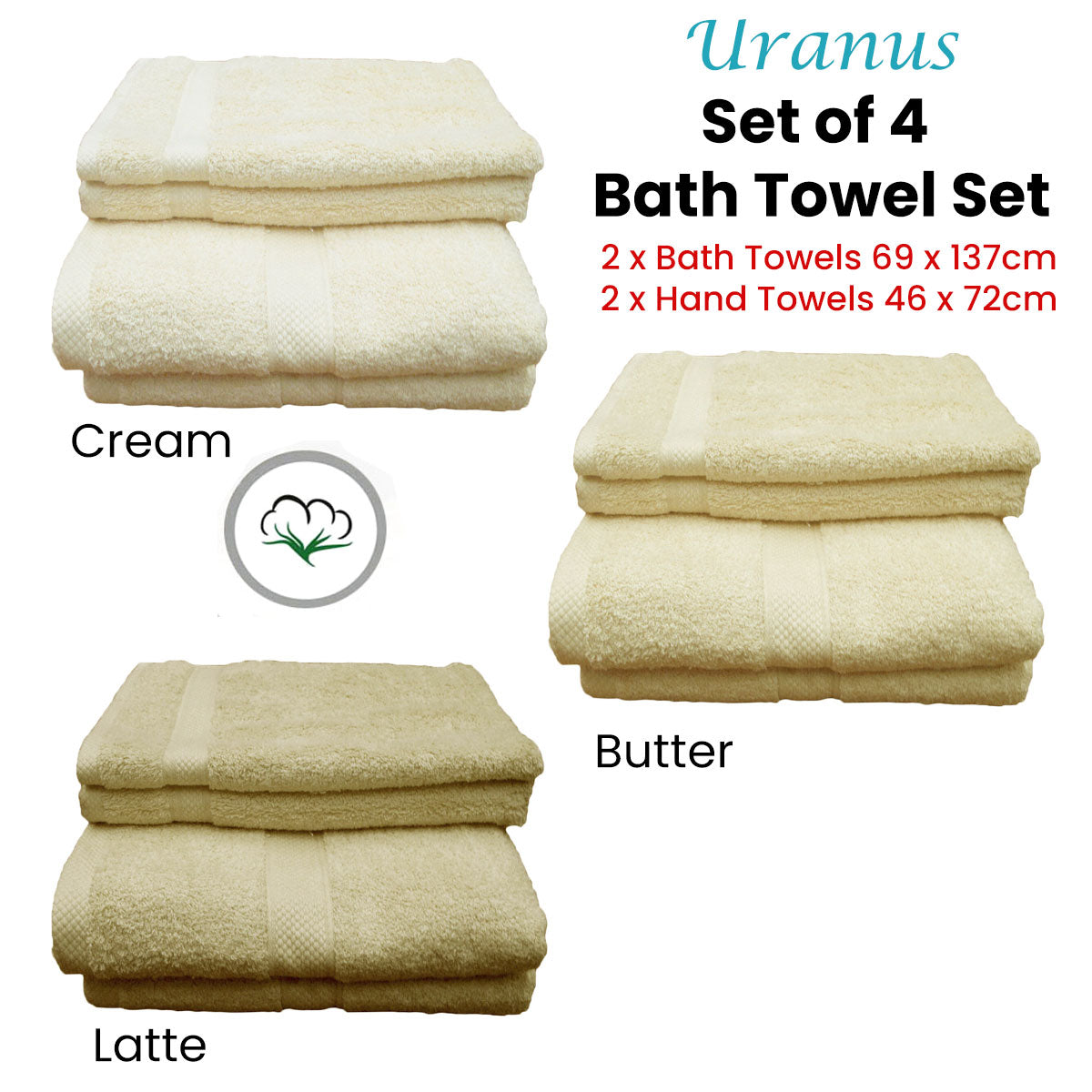 Pack of 4 Uranus Cotton Bath Towel Set Cream