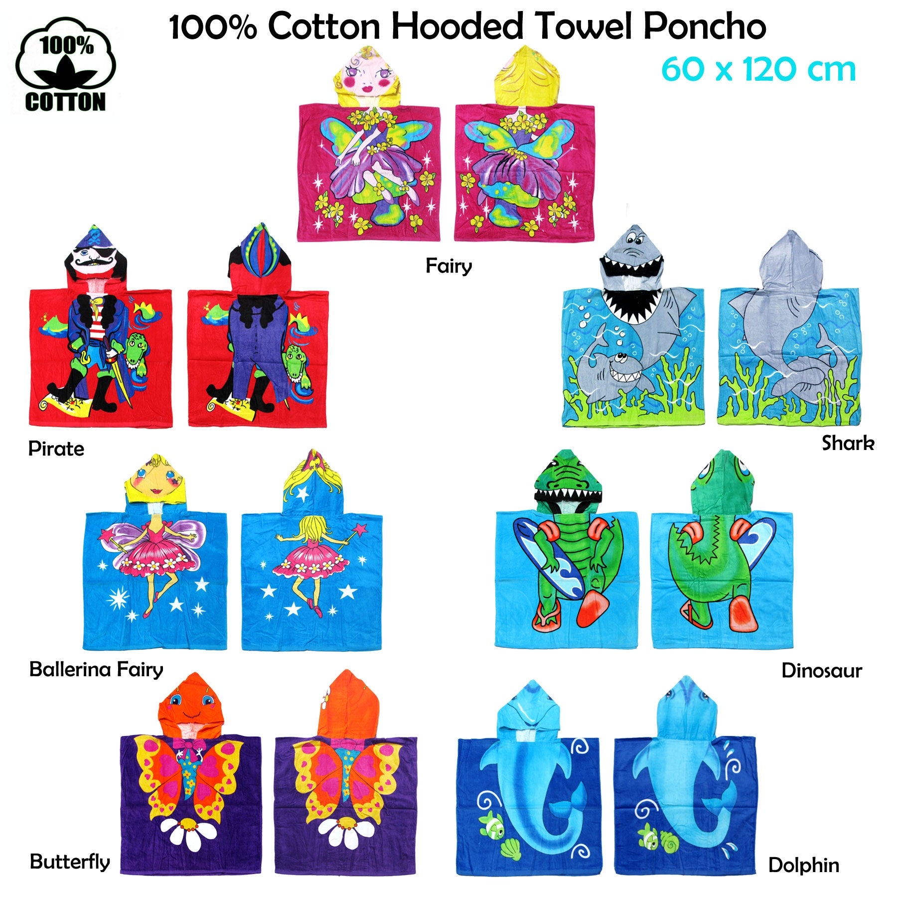 Cute Kids Cotton Hooded Towel Poncho 60 x 120 cm Dinosaur