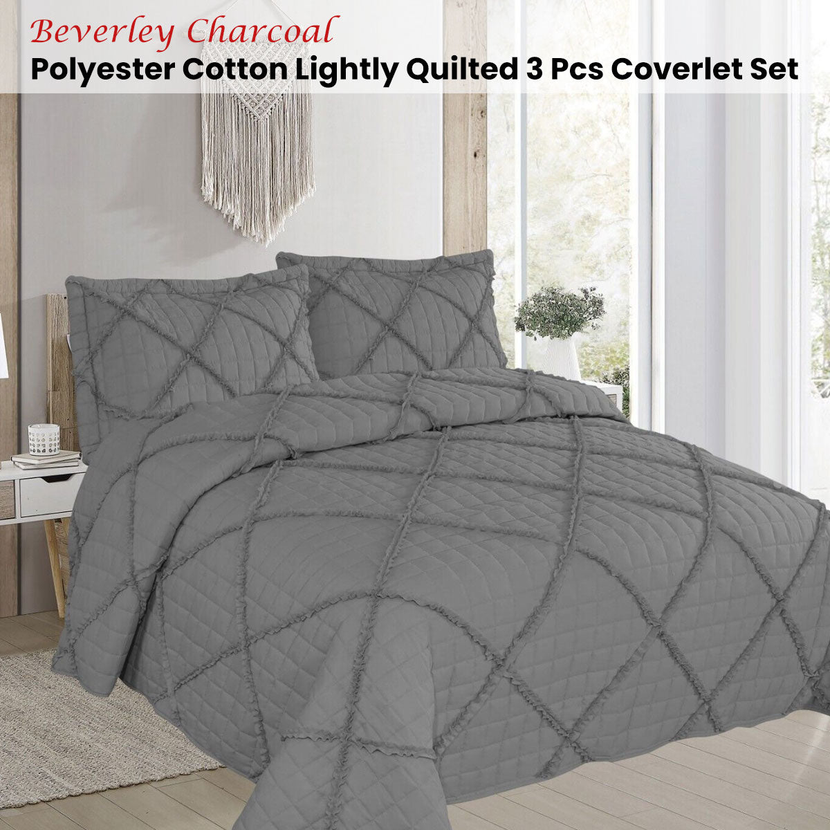 Beverley Charcoal 3 Pce Lightly Quilted Polyester Cotton Coverlet Set Queen