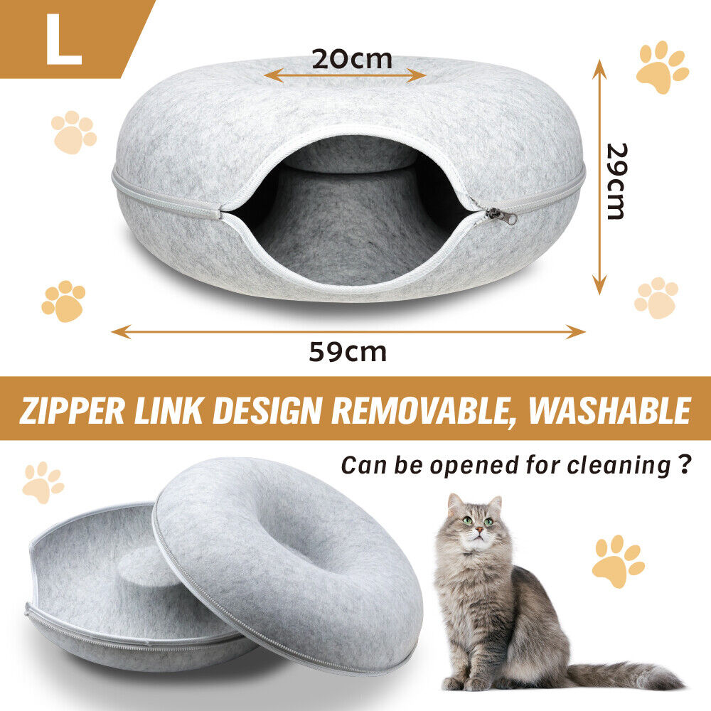 59 x 29cm Cat Tunnel Bed Dark Grey Felt Pet Puppy Nest Cave Toy Light Grey