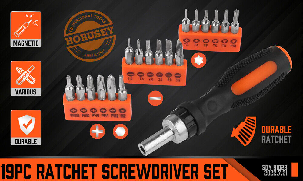 HORUSDY 19 Pcs Ratchet Precision Screwdriver Bits Set Slotted Phillips Tox Hex