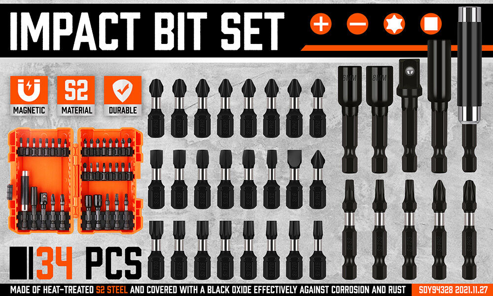 34Pc Impact Screwdriver Bit Set Nut Driver Magnetic Drill Holder Quick Release