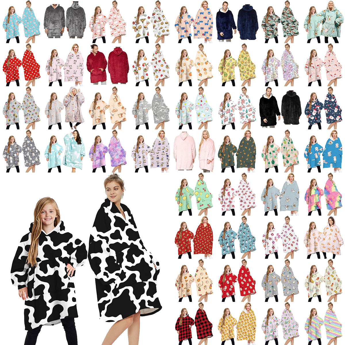 Oversized Soft Pullover Plain Hoodie Warm Fleece Blanket Plush Winter Sweatshirt, Cow Spots, Adult