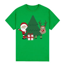 100% Cotton Christmas T-shirt Adult Unisex Tee Tops Funny Santa Party Custume, Santa with Tree (Green), S