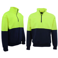 Hi Vis Safety Fleecy Half Zip Pullover Jumper Jacket Sweater Shirts Workwear, Fluro Yellow / Navy, M