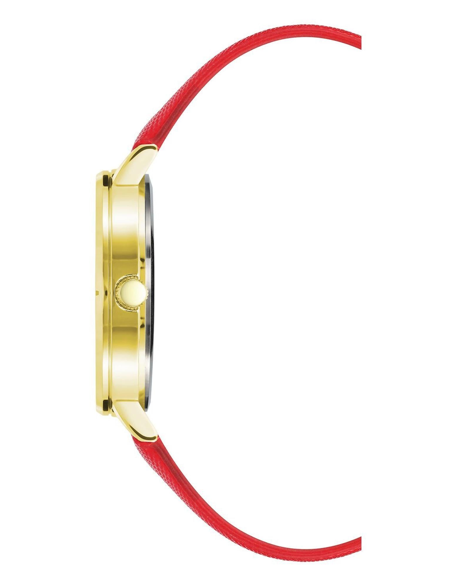 Gold Rhinestone Fashion Watch with Red Leatherette Strap One Size Women