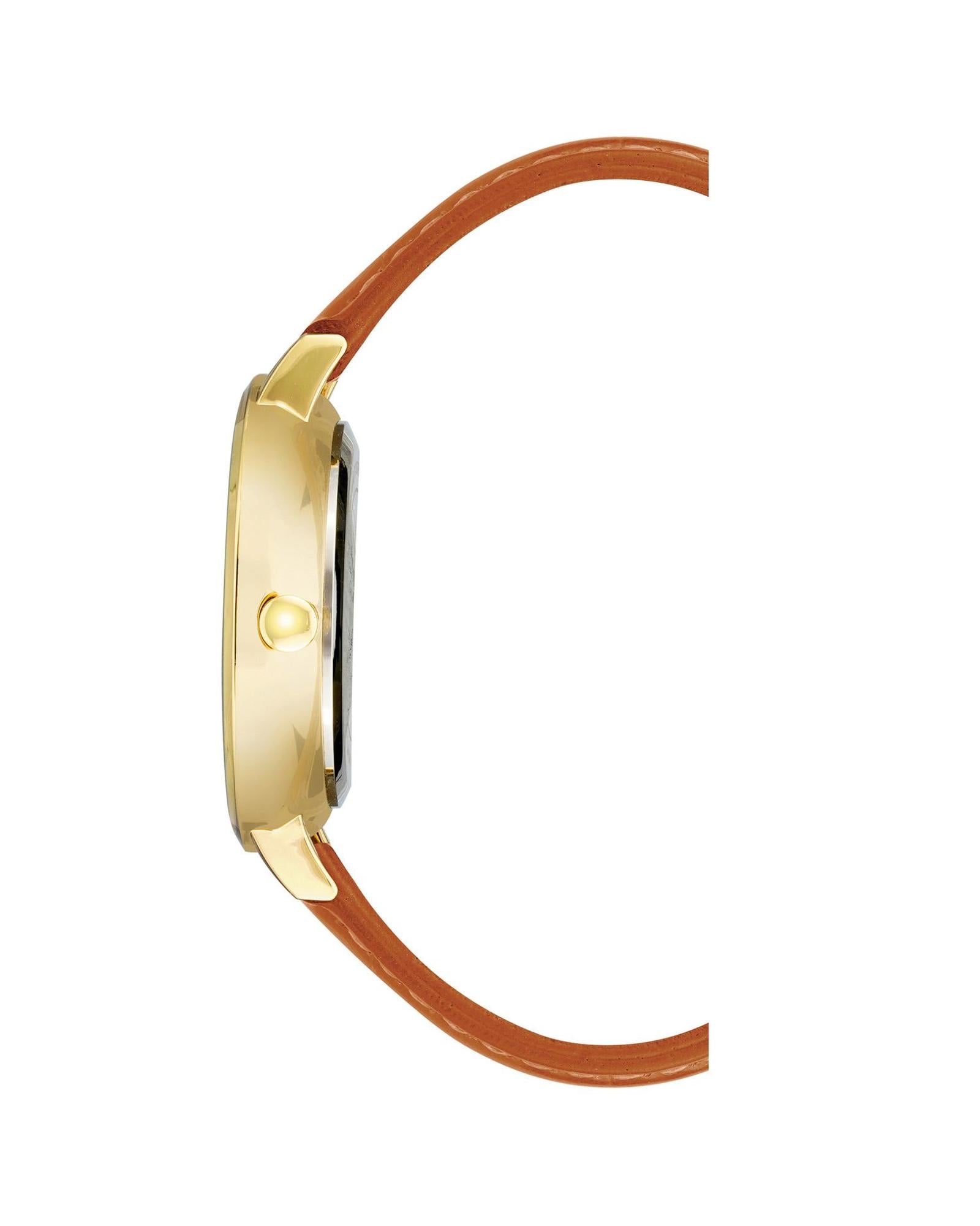 Gold Fashion Watch with Rhine Stone Facing and Brown Leatherette Wristband One Size Women