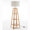 Eiffel 3 Tier Natural Wood Floor Lamp w/ Storage Shelves + Off White Linen Shade