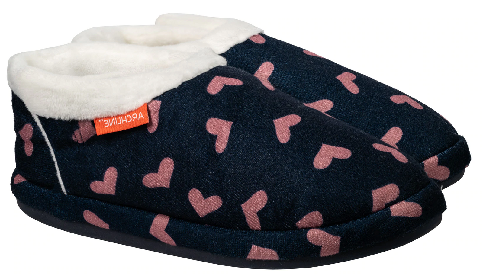 ARCHLINE Orthotic Slippers CLOSED Arch Scuffs Moccasins Pain Relief - Navy with Hearts - EUR43