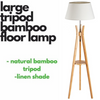 LARGE BAMBOO TRIPOD FLOOR LAMP Linen Shade Modern Light Vintage Wooden Scandi