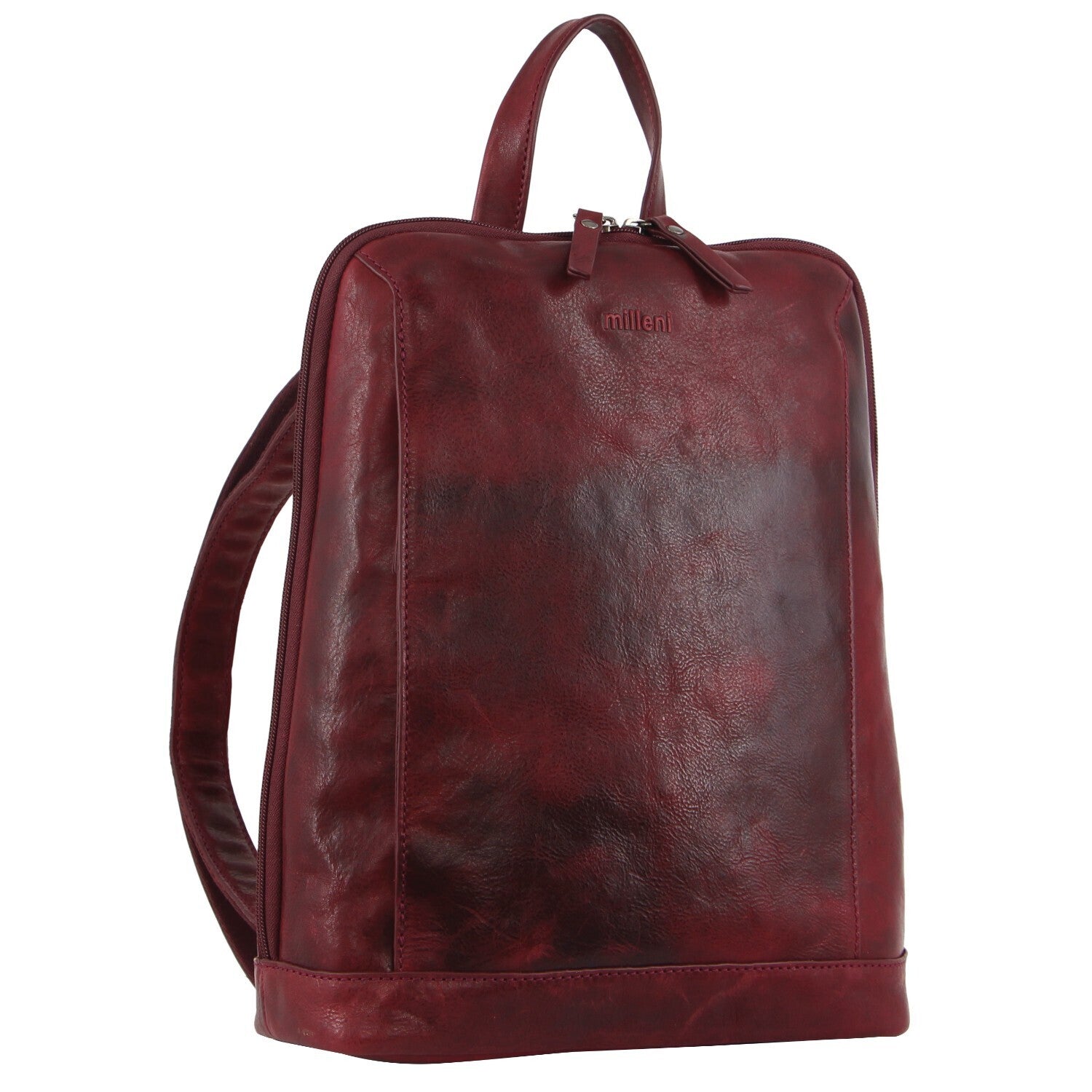 Milleni Ladies Nappa Leather Bag Twin Zip Backpack w/ Zipped Pocket - Cherry Red