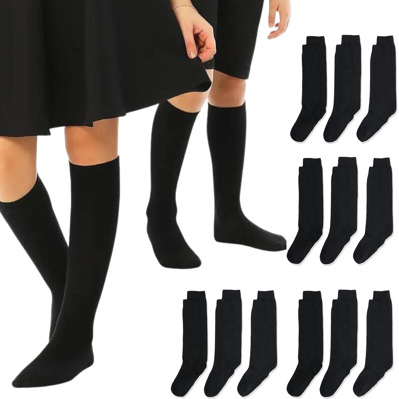 12x Pairs School Uniform Knee High Socks Cotton Rich Girls Boys Kids Bulk - Black - 13-3 (8-10 Years Old)