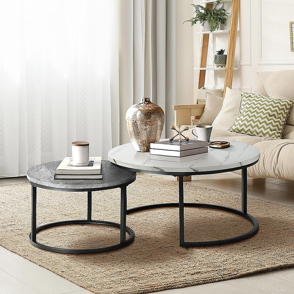 Set of 2 Coffee Table Round Marble Nesting Side End Table Furniture