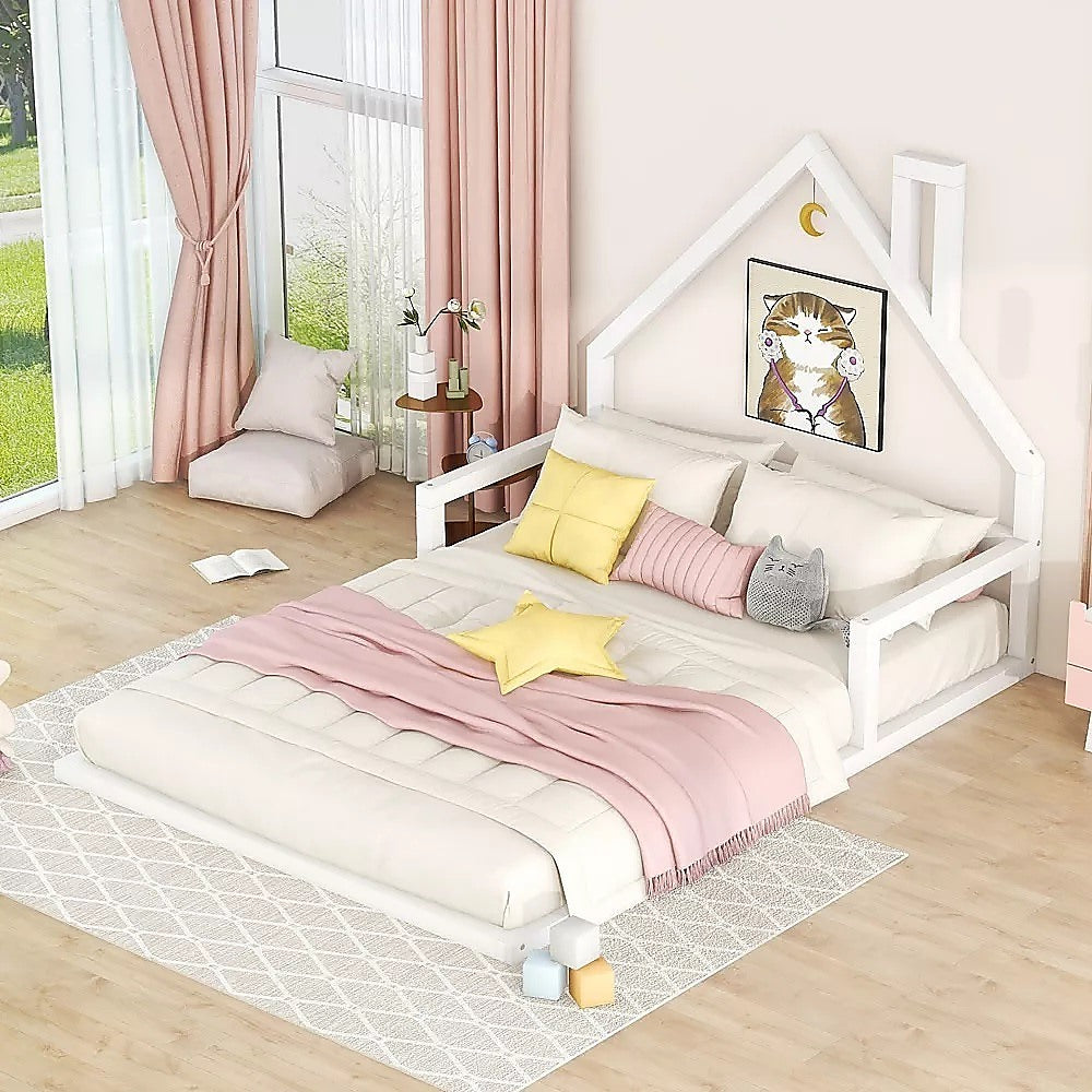 Pine Wood Floor Bed House Frame for Kids and Toddlers