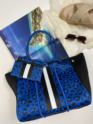 Neoprene Bag - Vegan Tote - 2 Piece Set - Stripe - Blue Leopard